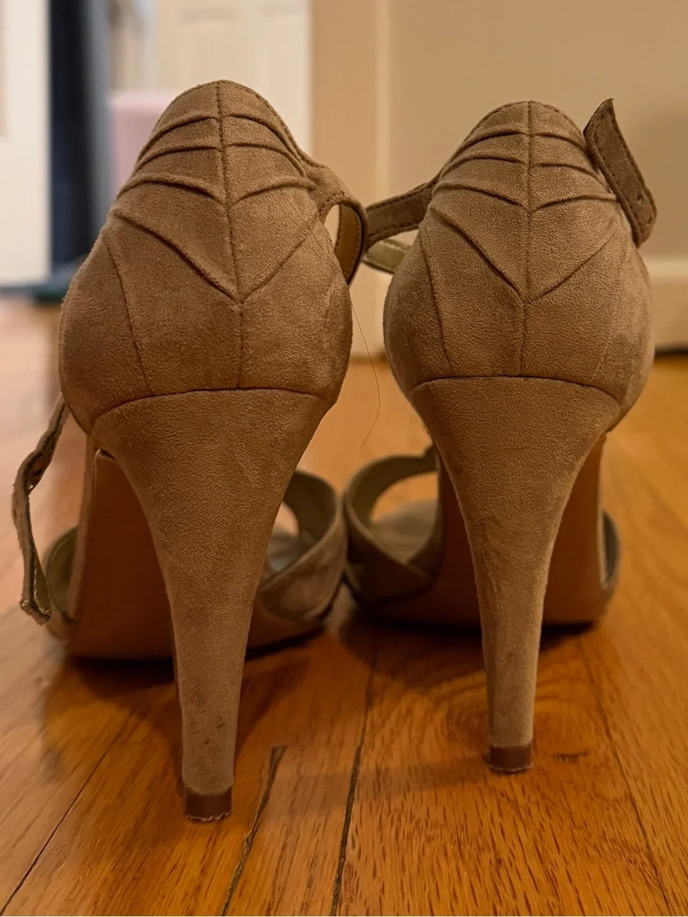 Kelly & Katie Taupe Suede T-Strap Heeled Sandals
